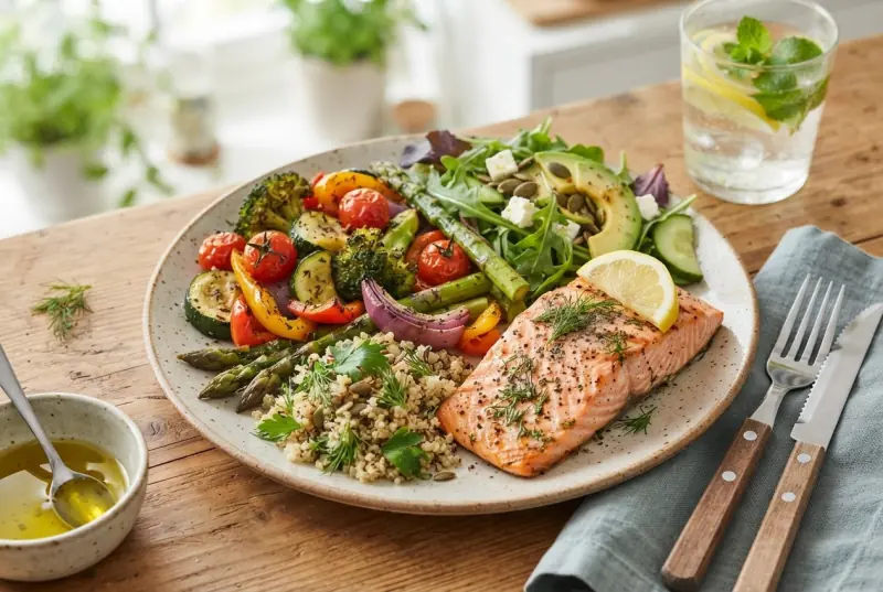 A plate of salmon, grilled vegetables and grains