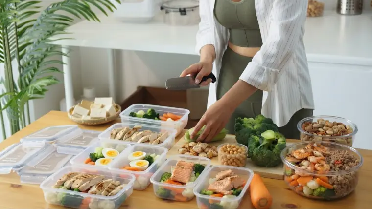 Meal-prep containers of chicken, vegetables and rice on a kitchen counter